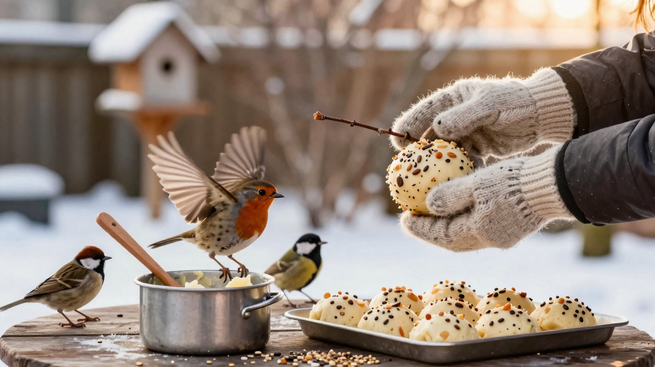 Pessoas com luvas a fazer bolas de comida para pássaros no inverno junto a pequenos pássaros na mesa.