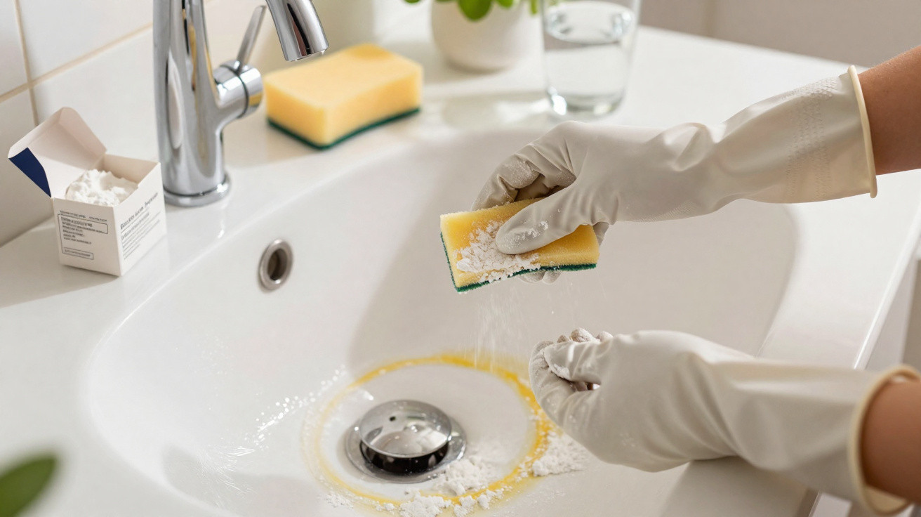 Pessoa a limpar um lava-louças com esponja e pó de limpeza, usando luvas amarelas de borracha.