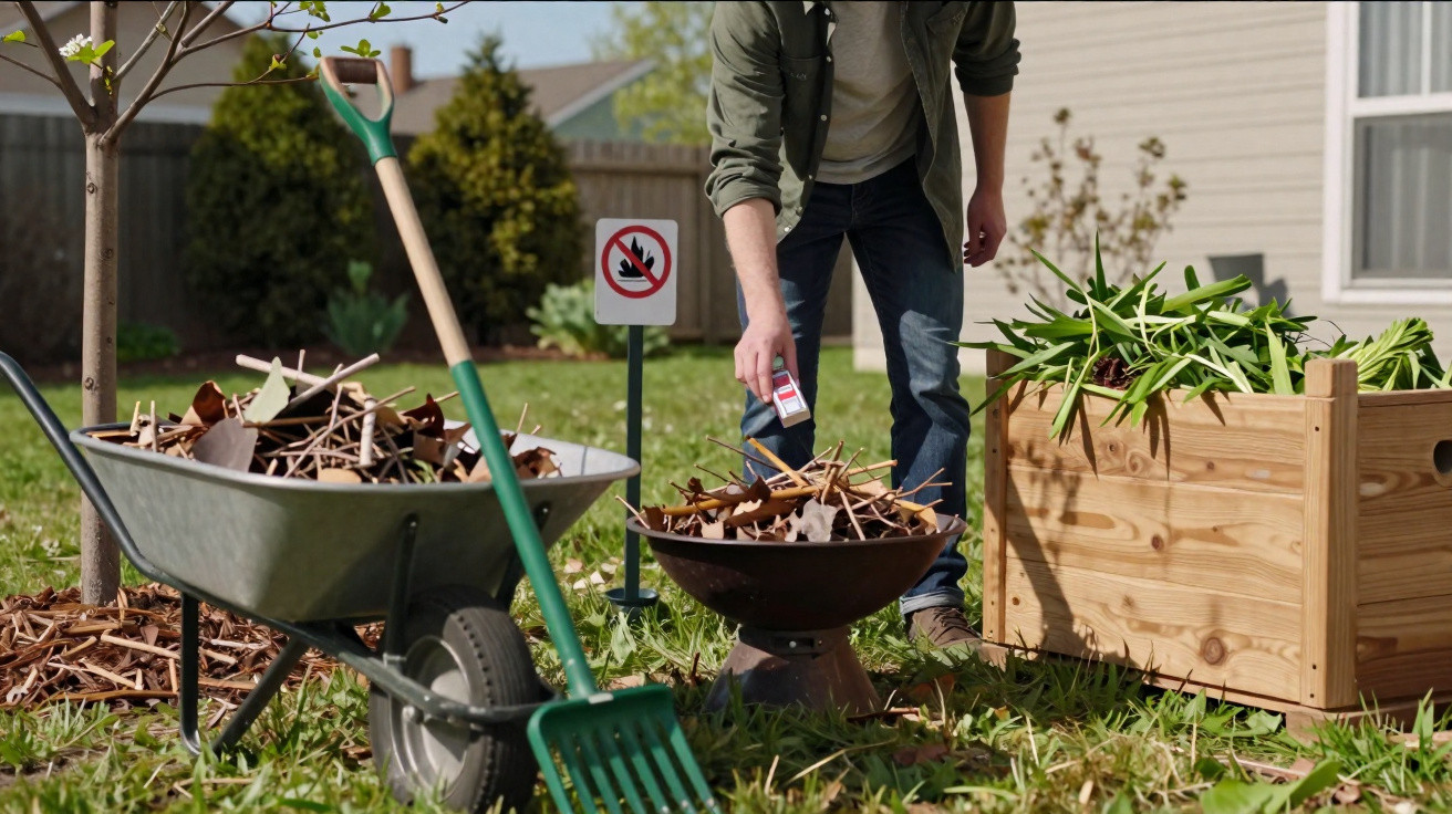 Homem a fazer compostagem de resíduos vegetais no jardim rodeado de ferramentas e carrinho de mão.