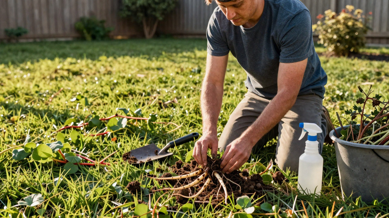 Homem ajoelhado a transplantar plantas no relvado de um jardim com ferramentas e pulverizador ao lado.
