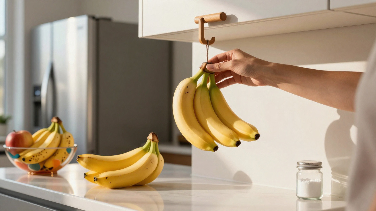 Mãos a retirar cacho de bananas suspenso em suporte numa cozinha moderna com bancada branca.