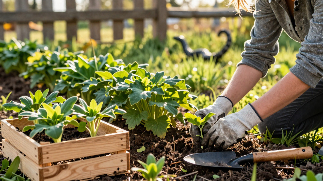 Pessoa a plantar mudas em jardim ensolarado, usando luvas e ferramentas de jardinagem.