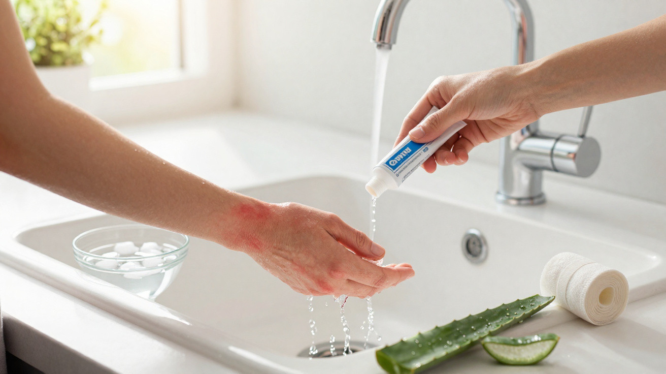 Pessoa a aplicar pomada num braço com ferida junto a uma pia de cozinha com folha de aloe vera.