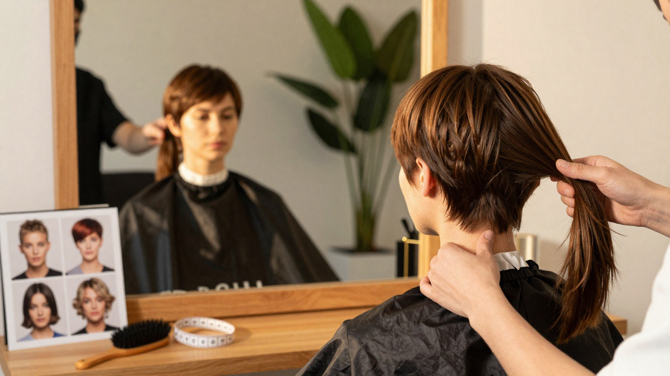 Pessoa com capa preta sentada no salão de cabeleireiro enquanto profissional segura cabelo comprido atrás.
