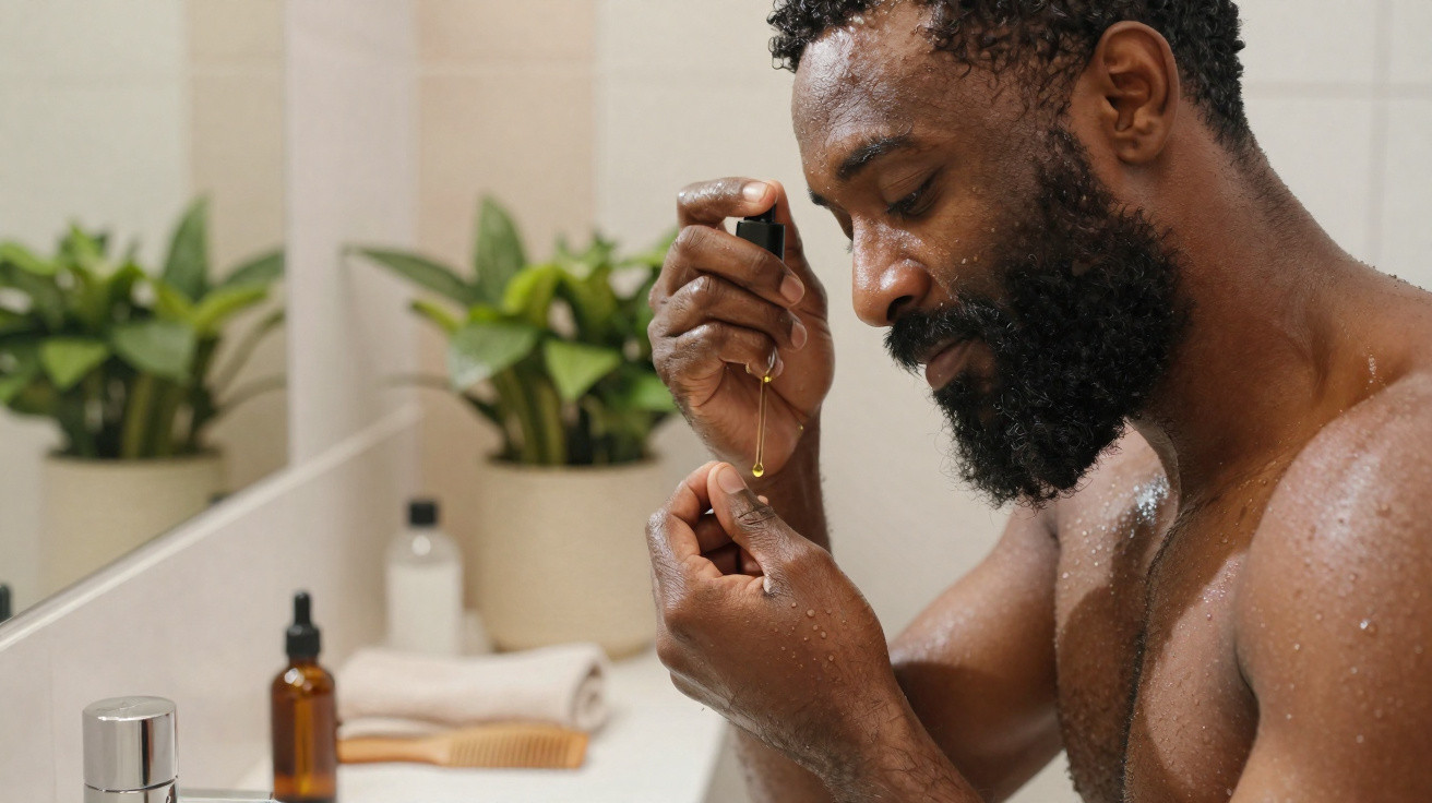 Homem aplica óleo na barba à frente do espelho numa casa de banho com plantas e vários frascos no balcão.