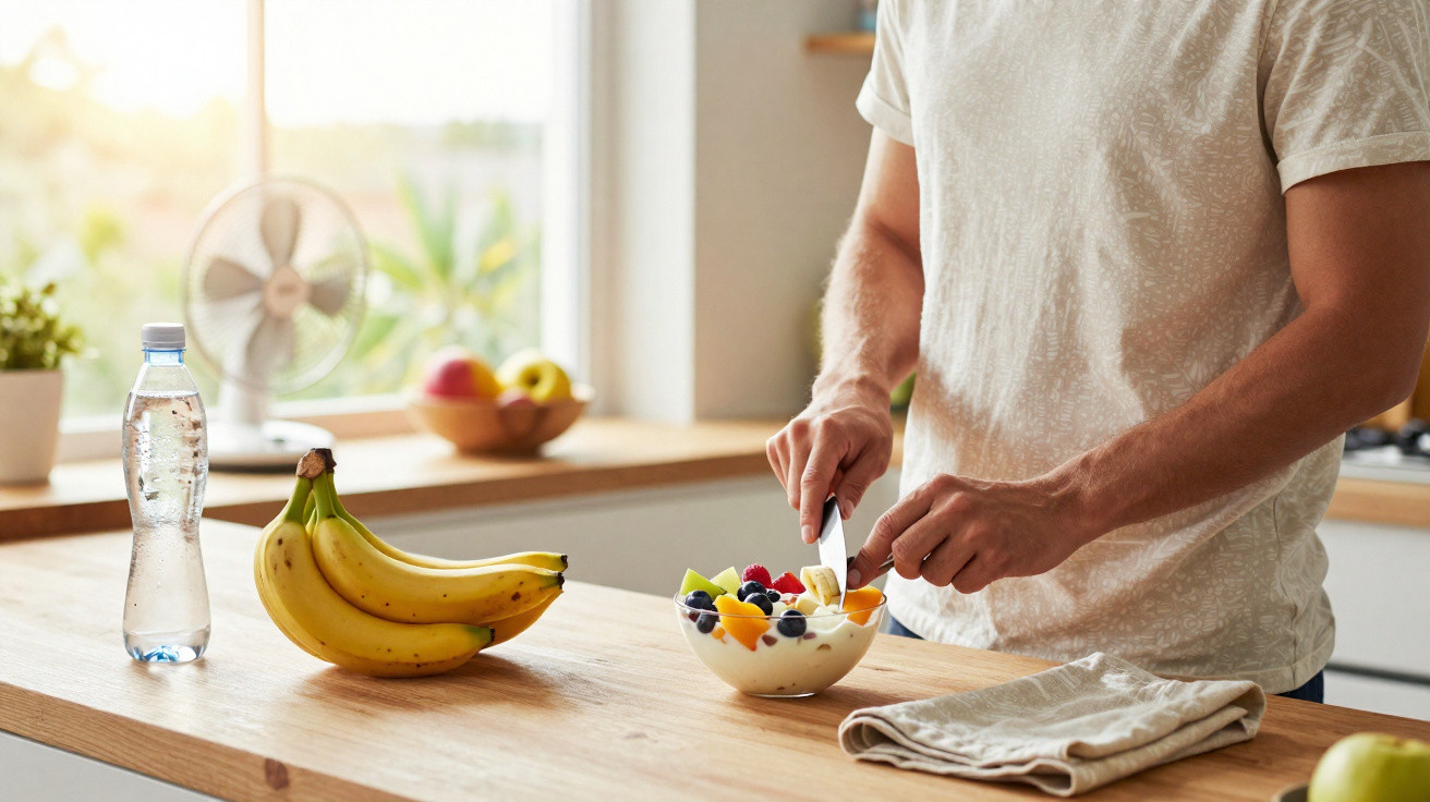 Pessoa a cortar frutas numa tigela na cozinha com bananas e garrafa de água na bancada.