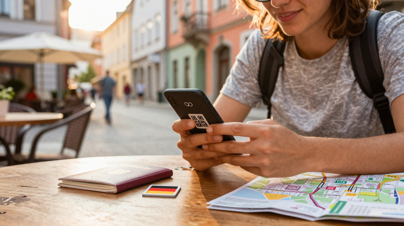 Pessoa a usar telemóvel com QR code, mapa e passaporte alemão numa mesa ao ar livre numa rua urbana.