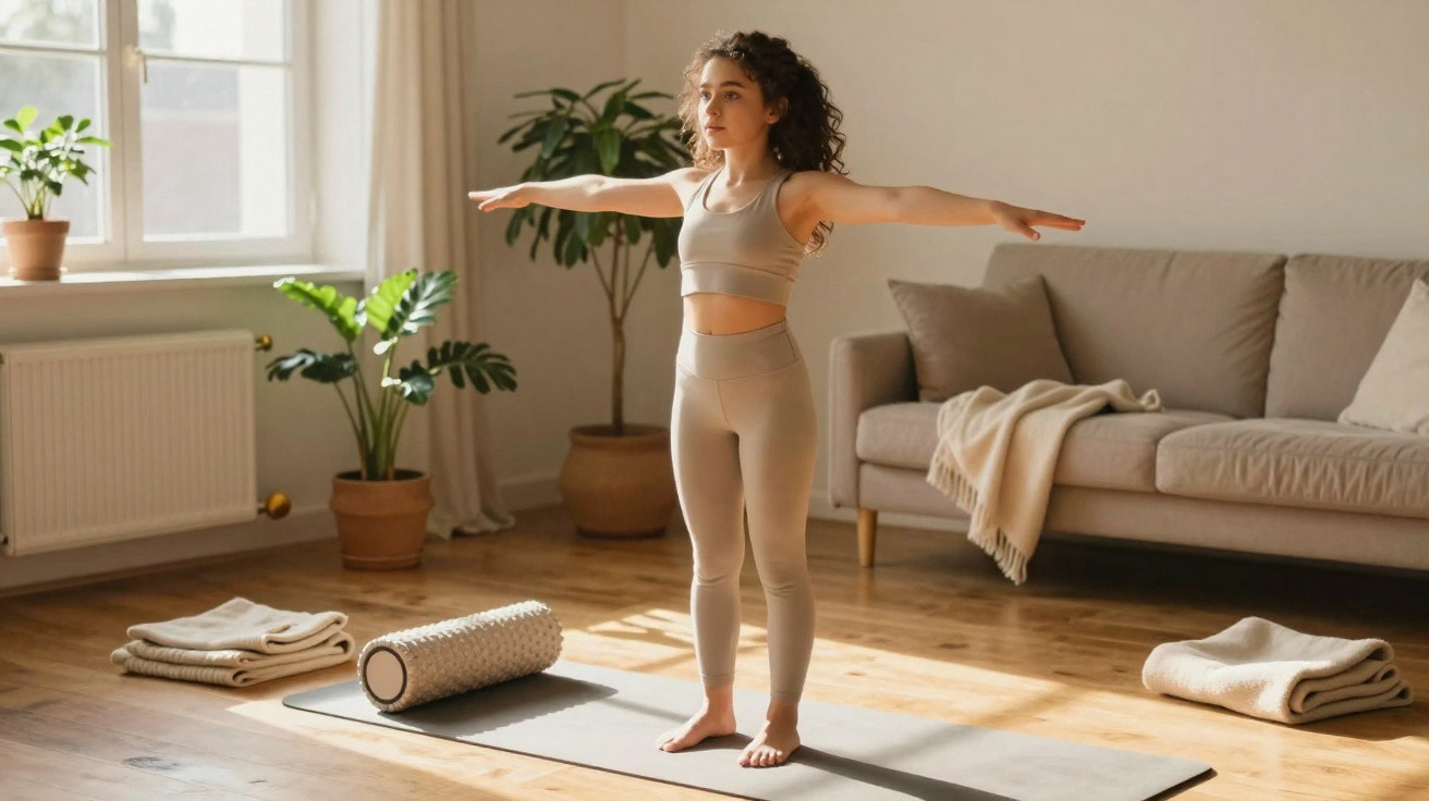 Mulher numa sala luminosa a fazer alongamentos em tapete de yoga com plantas e sofá ao fundo.