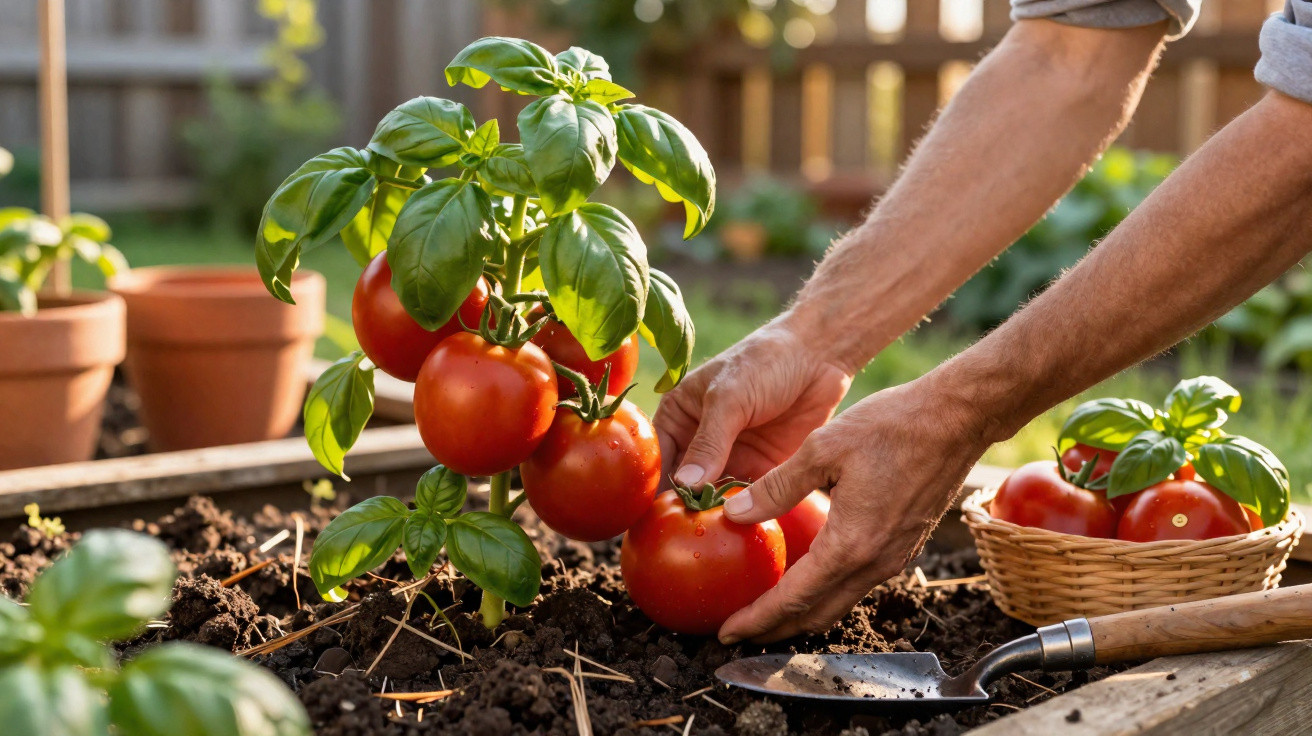 Mãos a colher tomates maduros numa horta com plantas em vasos e cesta de colheita ao lado.