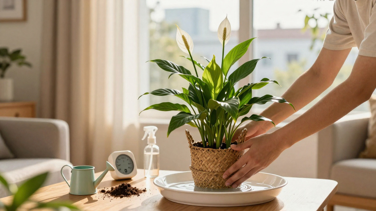 Pessoa a colocar planta em vaso de palha dentro de prato para rega, mesa com regador e pulverizador.