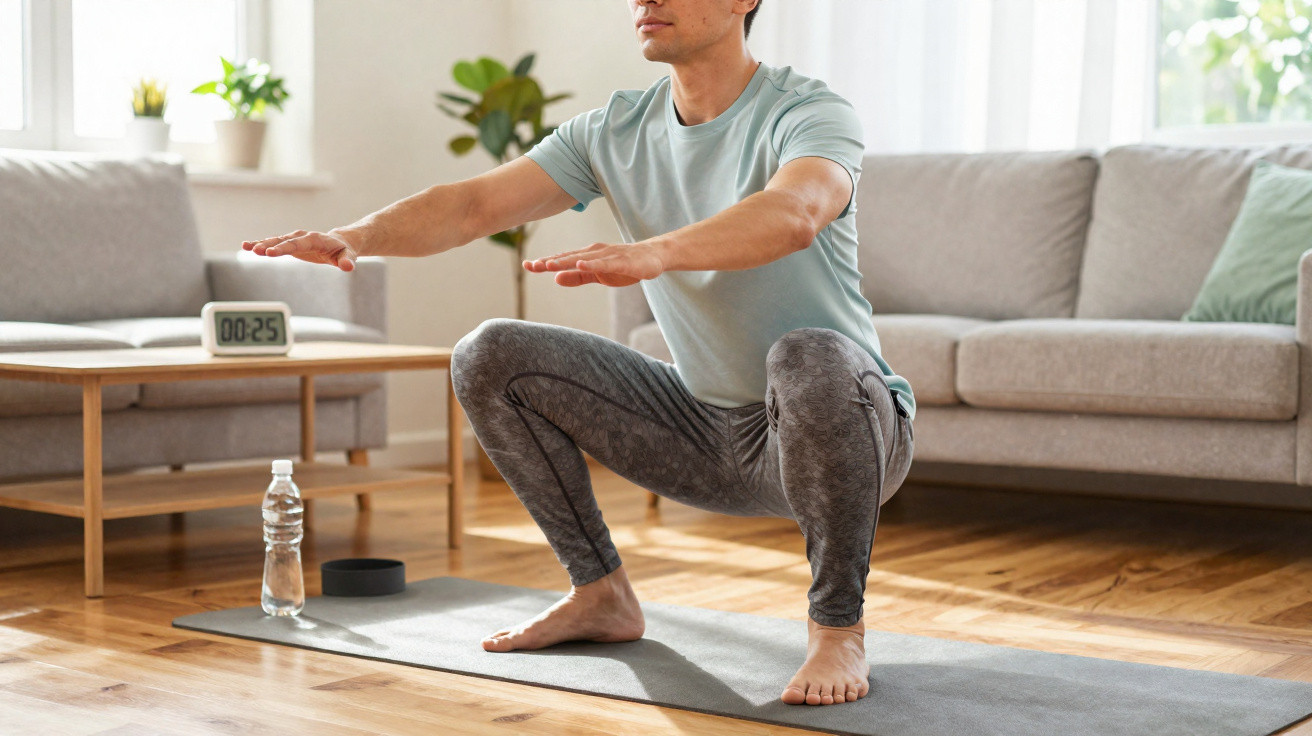 Pessoa a fazer agachamento em tapete de yoga numa sala com sofá e plantas, com temporizador digital à frente.