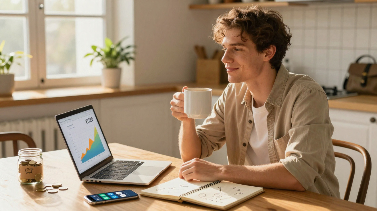 Homem sorridente a analisar gráficos financeiros no portátil enquanto bebe uma chávena de café à mesa.