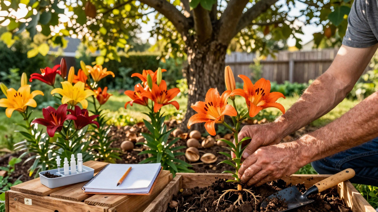 Pessoa a plantar lírio laranja em canteiro com flores coloridas, caderno, lápis, e ferramentas de jardinagem.