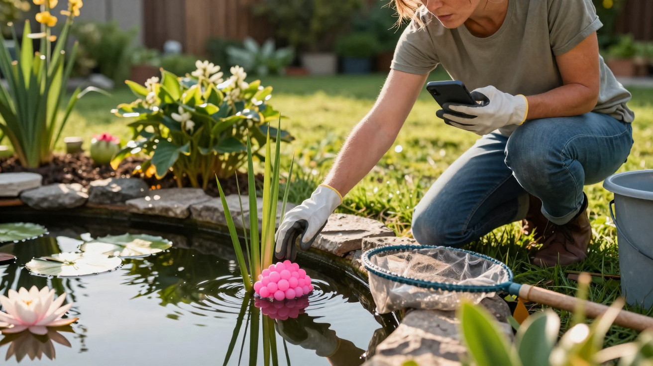 Homem com luvas instalando dispositivo rosa numa lagoa num jardim ensolarado.