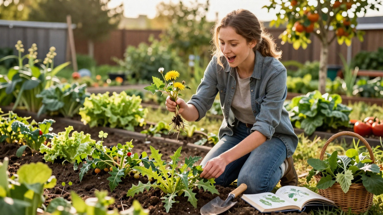 Mulher a arrancar erva daninha num jardim com várias plantas e livro aberto de botânica ao lado.