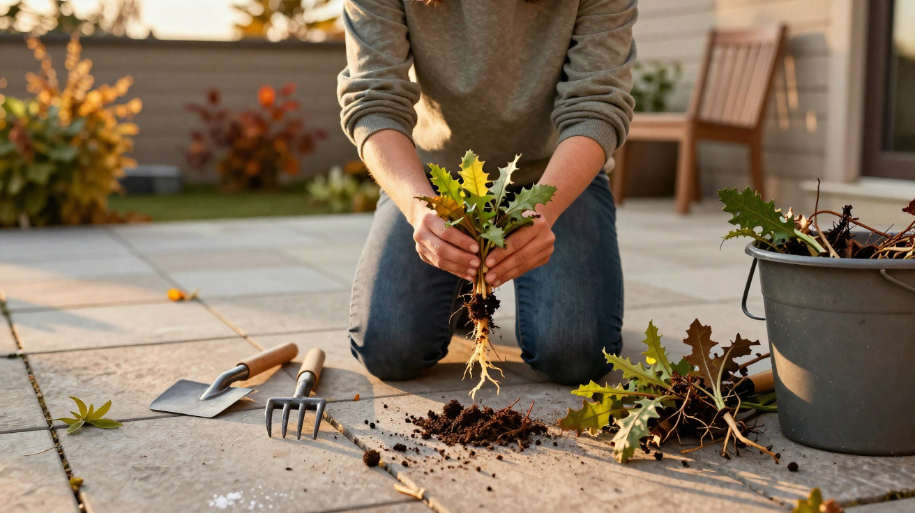 Pessoa de joelhos a segurar uma planta com raízes, rodeada por ferramentas de jardinagem e um balde com plantas.