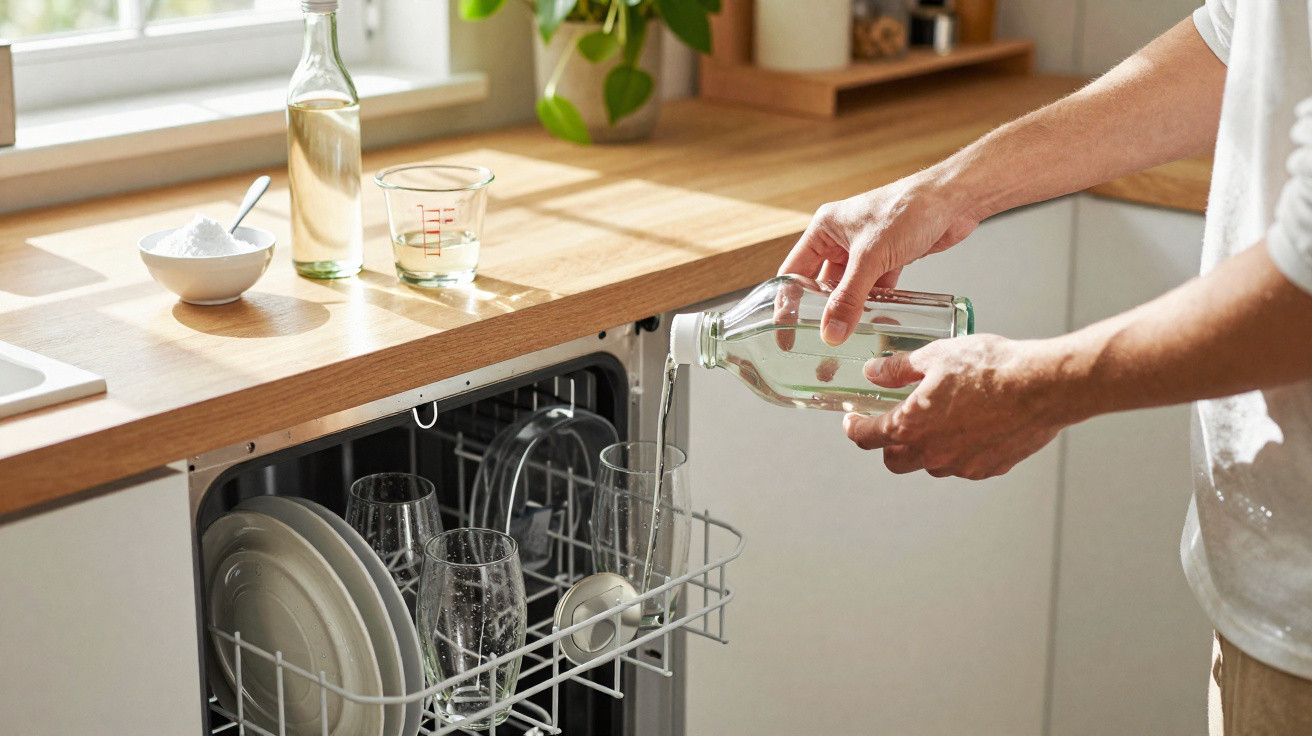 Pessoa a colocar água numa máquina de lavar loiça com copos e pratos no interior, numa cozinha iluminada.