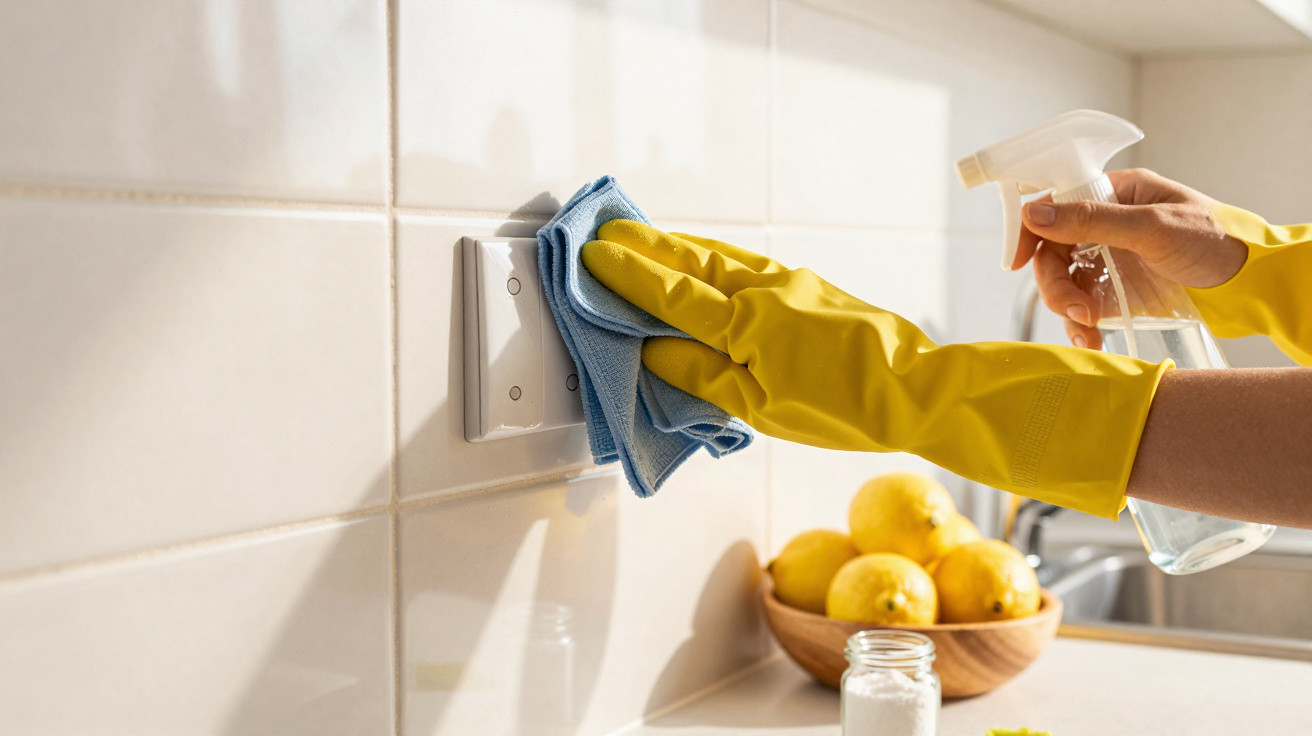 Pessoa com luva amarela a desinfetar interruptor de luz com spray e pano azul numa cozinha.