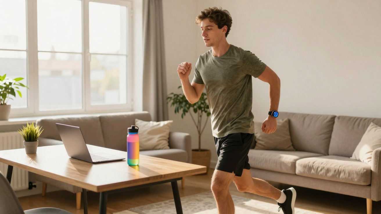 Jovem a correr no lugar numa sala de estar com sofá, plantas e uma mesa com portátil e garrafa.