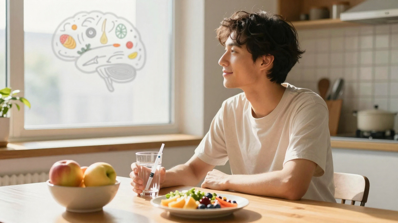 Jovem sentado à mesa com frutas, queijo e um copo de água, olhando para a janela com um desenho de cérebro.