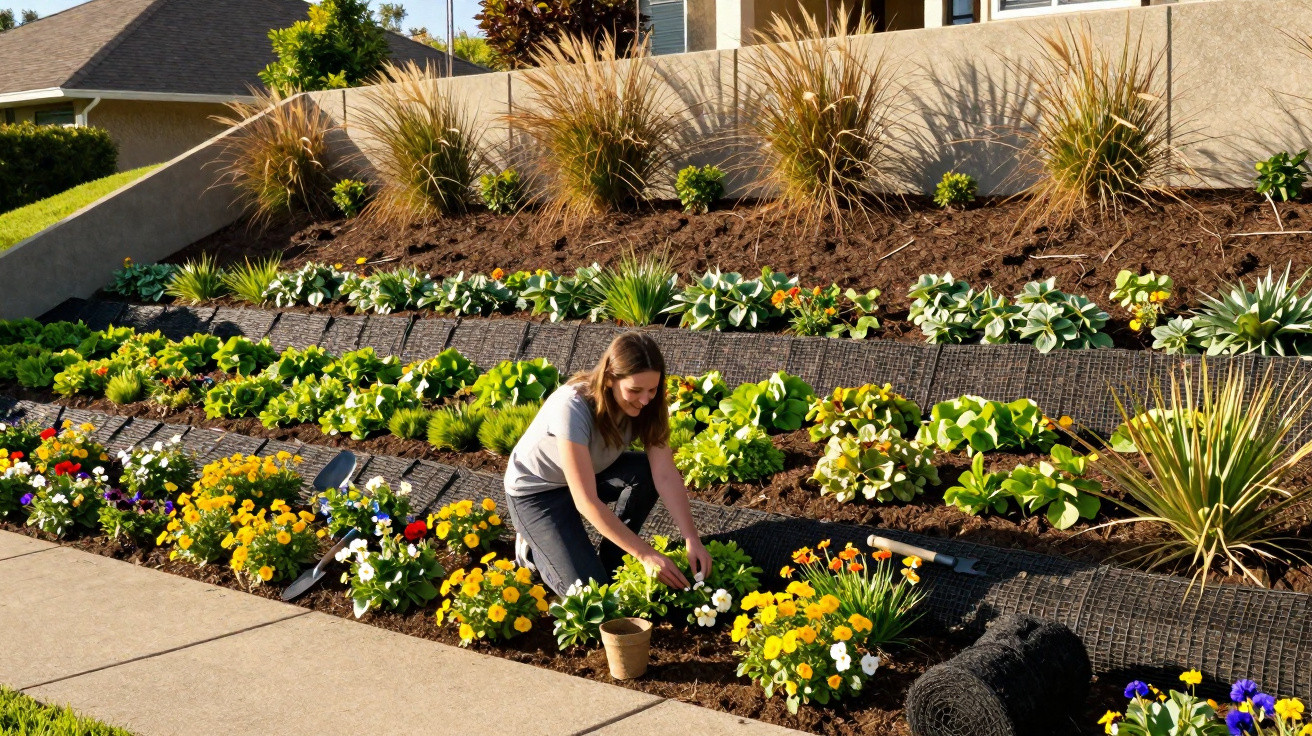 Mulher a cuidar de flores coloridas num jardim exterior com casas ao fundo num dia ensolarado.