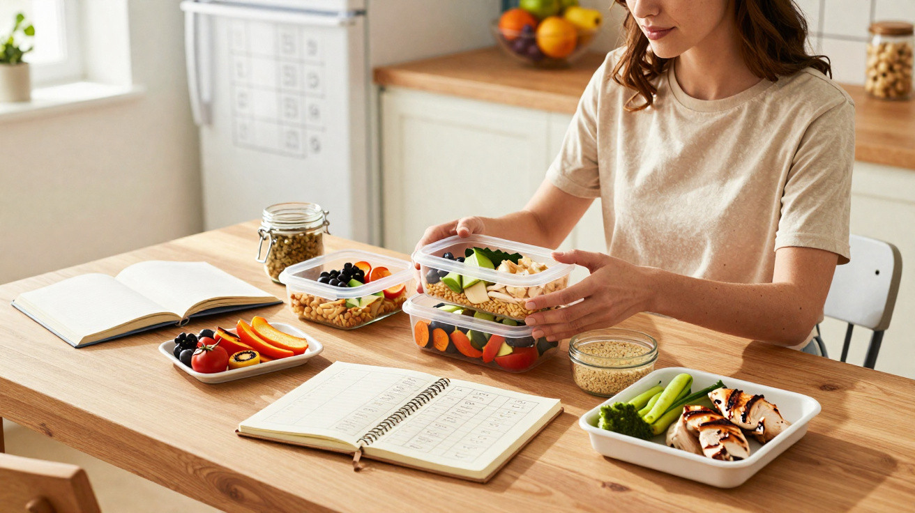 Pessoa a organizar marmitas saudáveis numa cozinha luminosa, com saladas e snacks numa bancada de madeira.
