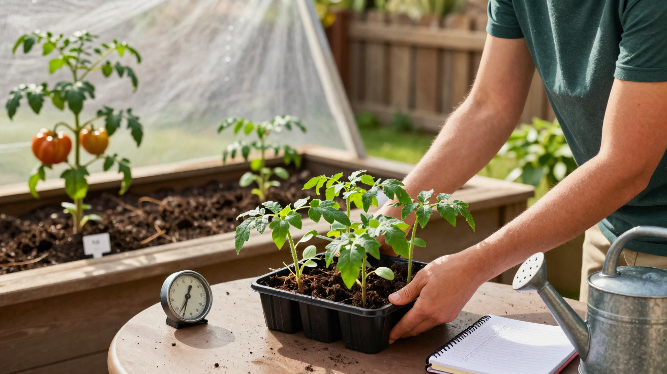 Pessoa a transplantar mudas de tomateiro para o jardim, com regador e termómetro numa mesa ao lado.