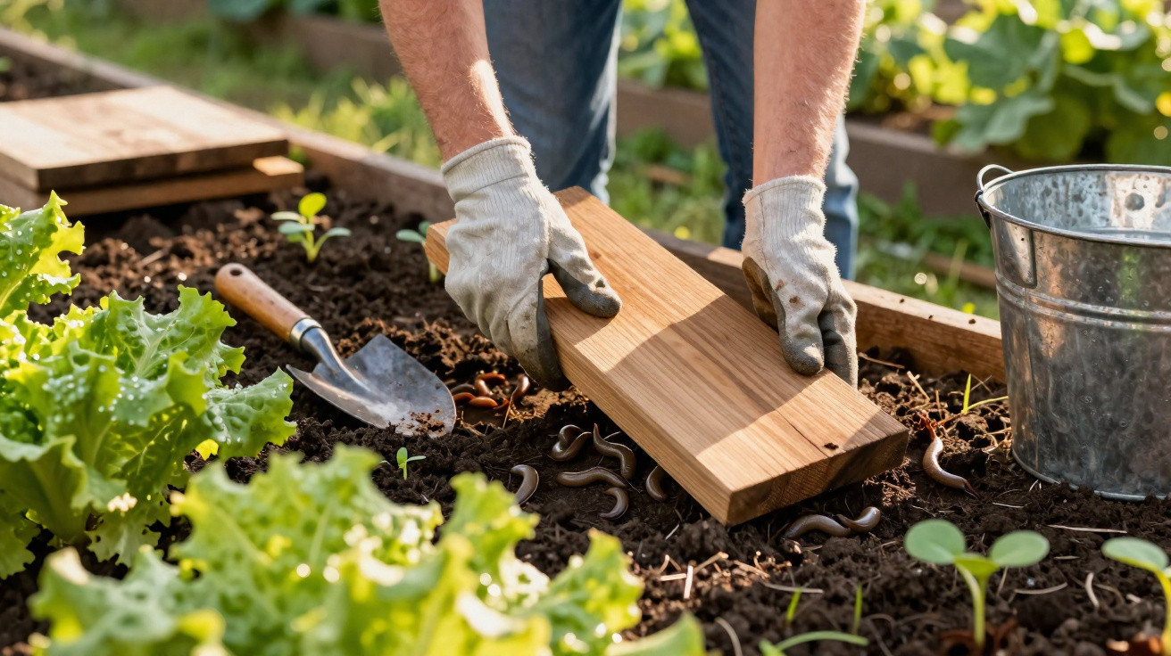 Pessoa a usar luva a colocar minhocas na terra de uma horta com alfaces e ferramentas de jardinagem ao lado.