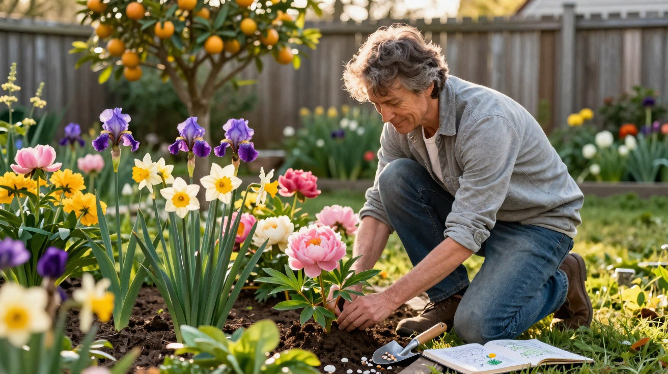 Homem a cuidar de flores coloridas num jardim durante o dia, com ferramentas e caderno ao lado.