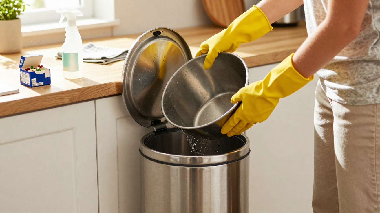 Pessoa com luvas amarelas a deitar água de um escorredor de loiça num lixo de cozinha inox.