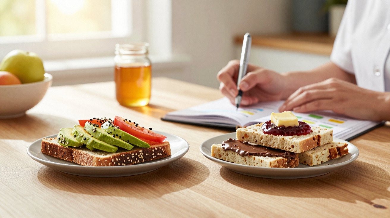 Tostas com abacate, tomate, creme de chocolate e manteiga, e uma pessoa a escrever num caderno numa mesa.
