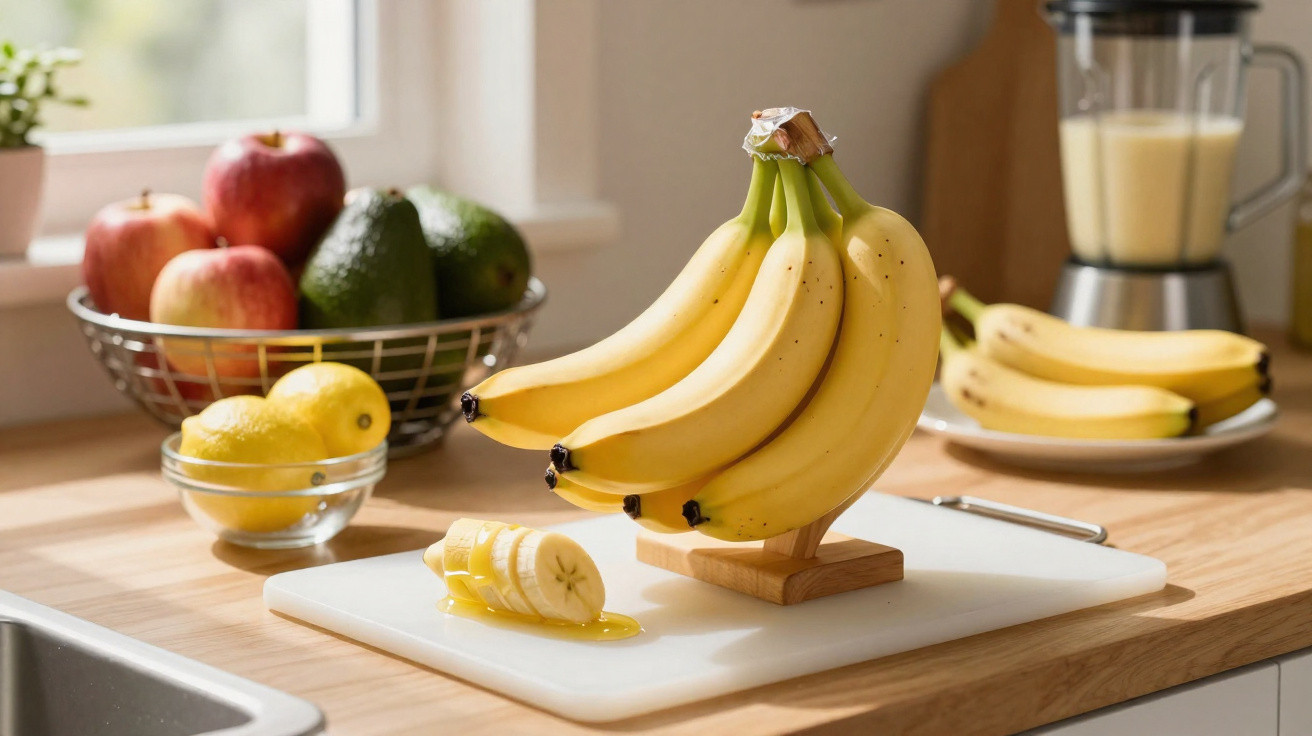 Bananas frescas em suporte de madeira numa cozinha com tigela de frutas e liquidificador ao fundo.