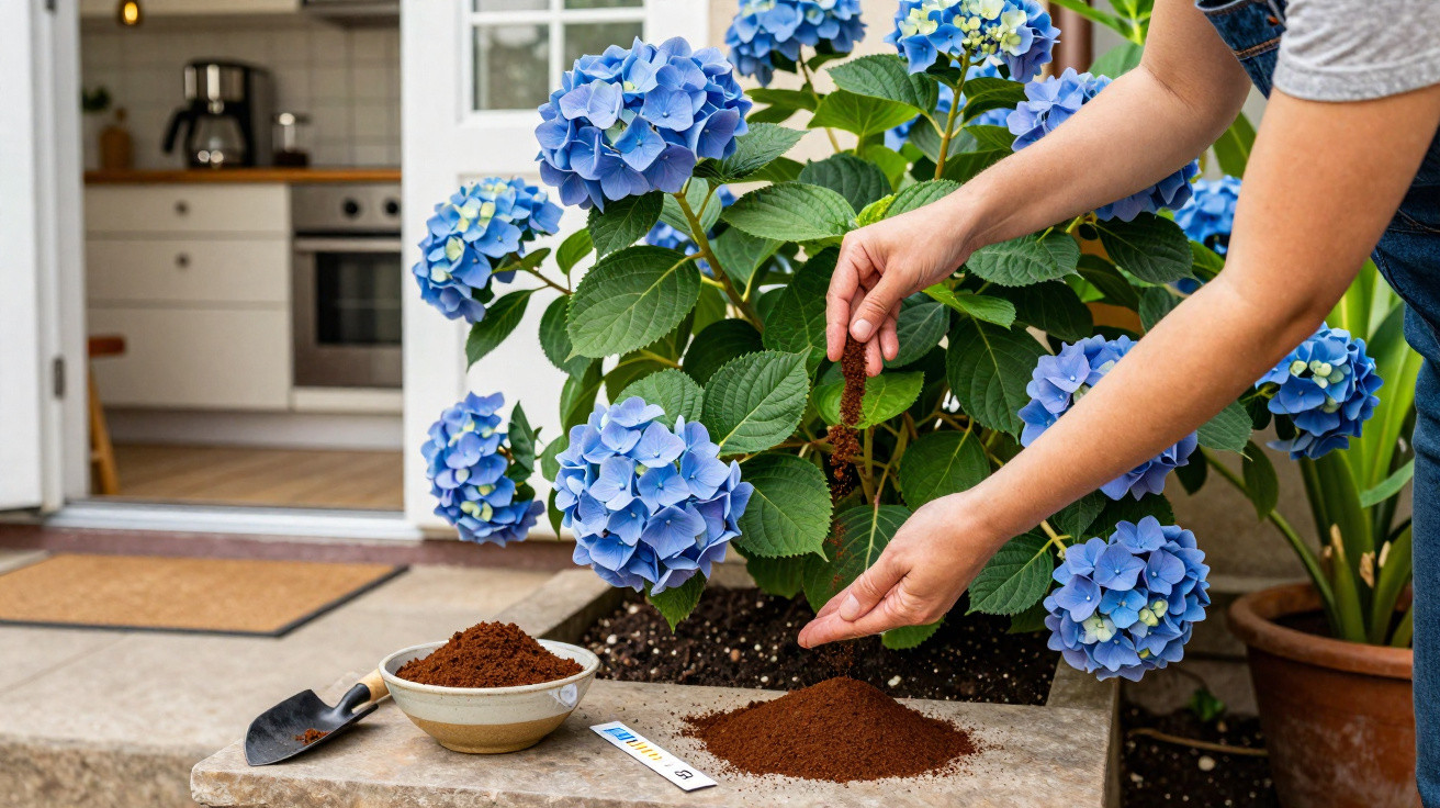 Mãos a espalhar café moído numa tigela junto a flores azuis de hortênsia numa varanda.