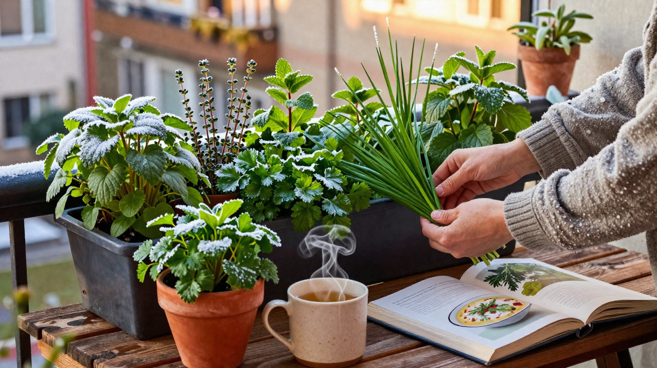 Mãos a apanhar ervas aromáticas numa varanda com plantas em vasos, chá quente e livro de receitas aberto.
