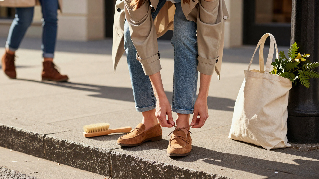 Pessoa com casaco bege e jeans a calçar sapatos castanhos, ao lado de escova e saco de pano com planta.