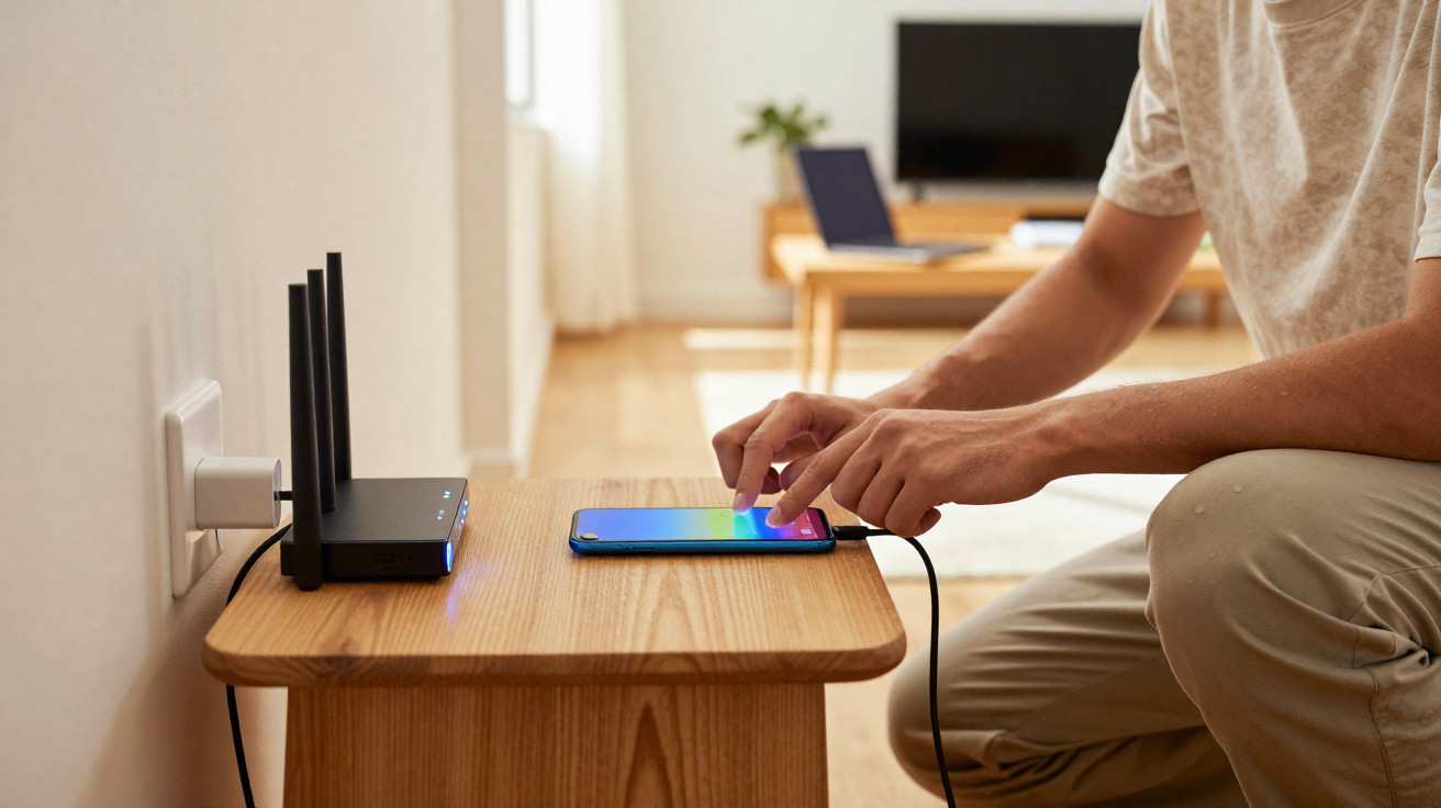 Pessoa a usar um smartphone conectado a um router numa pequena mesa de madeira numa sala.