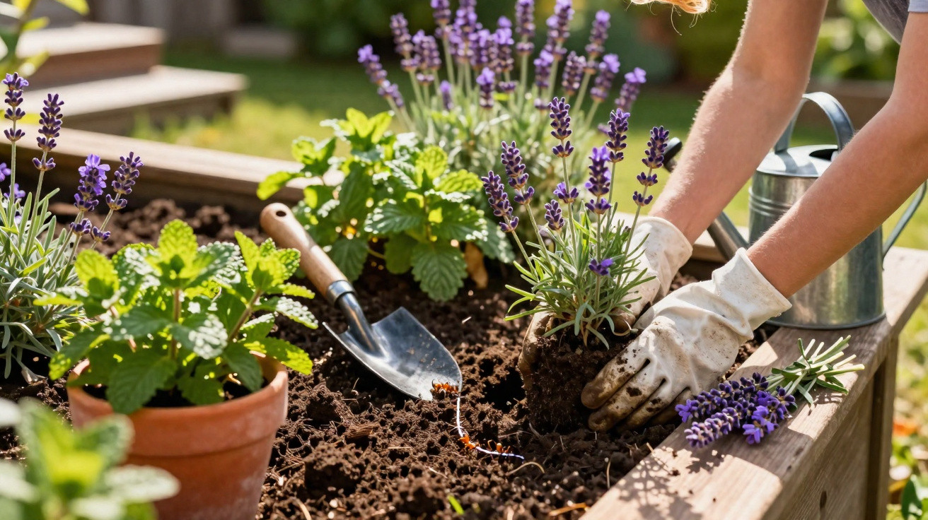 Pessoa a plantar flores de lavanda em canteiro de jardim com luvas e regador ao fundo.