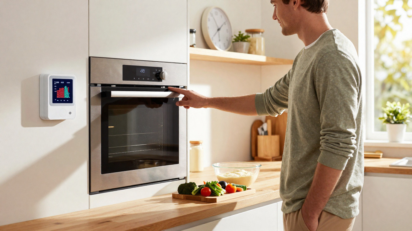 Homem a usar forno moderno integrado em cozinha com bancada de madeira e legumes frescos.