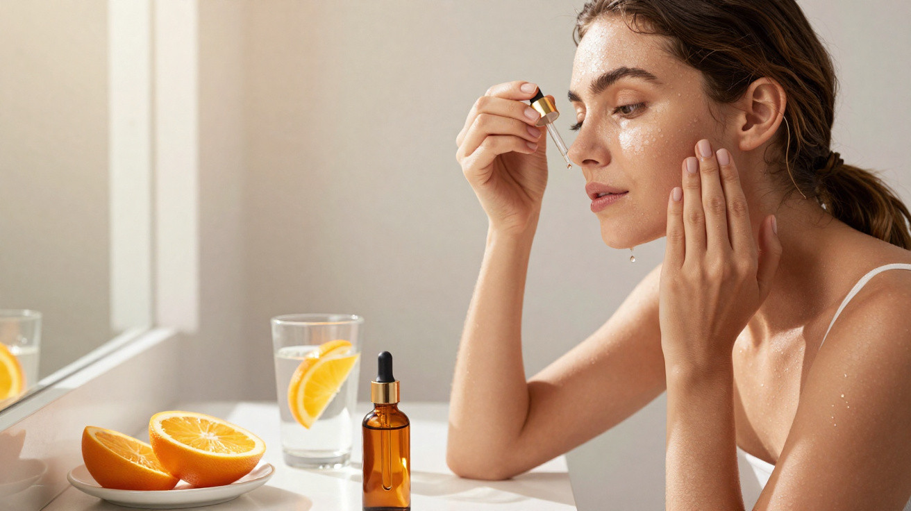 Mulher a aplicar sérum facial com conta-gotas junto ao espelho, com limões e copo de água na mesa.
