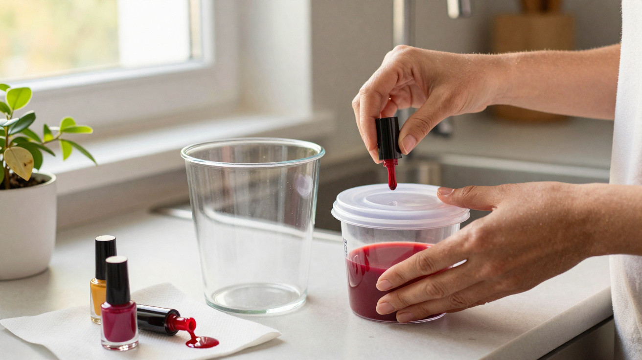 Mãos femininas a pegar esmalte vermelho numa caixa, com frascos de verniz na bancada da cozinha.
