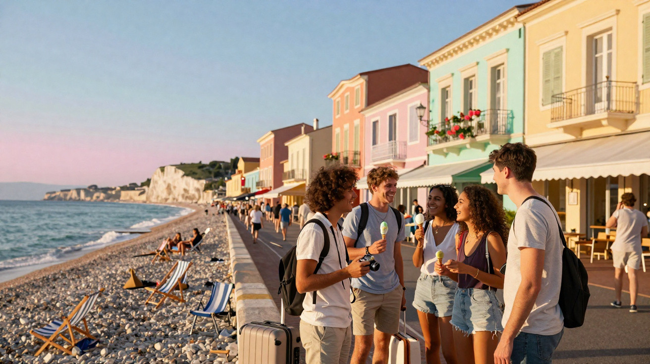 Grupo de amigos a conversar e comer gelados numa praia com casas coloridas ao fundo.