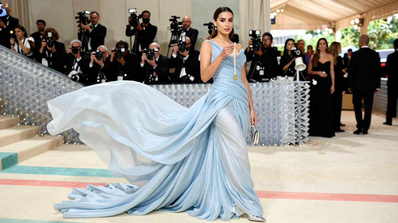 Mulher de vestido azul claro comprido com cauda e colar de pérolas em evento com fotógrafos ao fundo.
