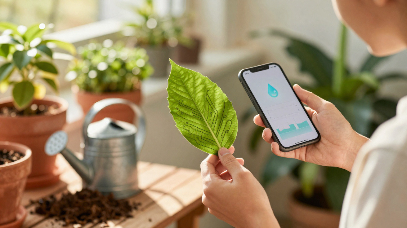 Pessoa segurando folha com circuitos e monitorizando dados de plantas numa aplicação móvel.