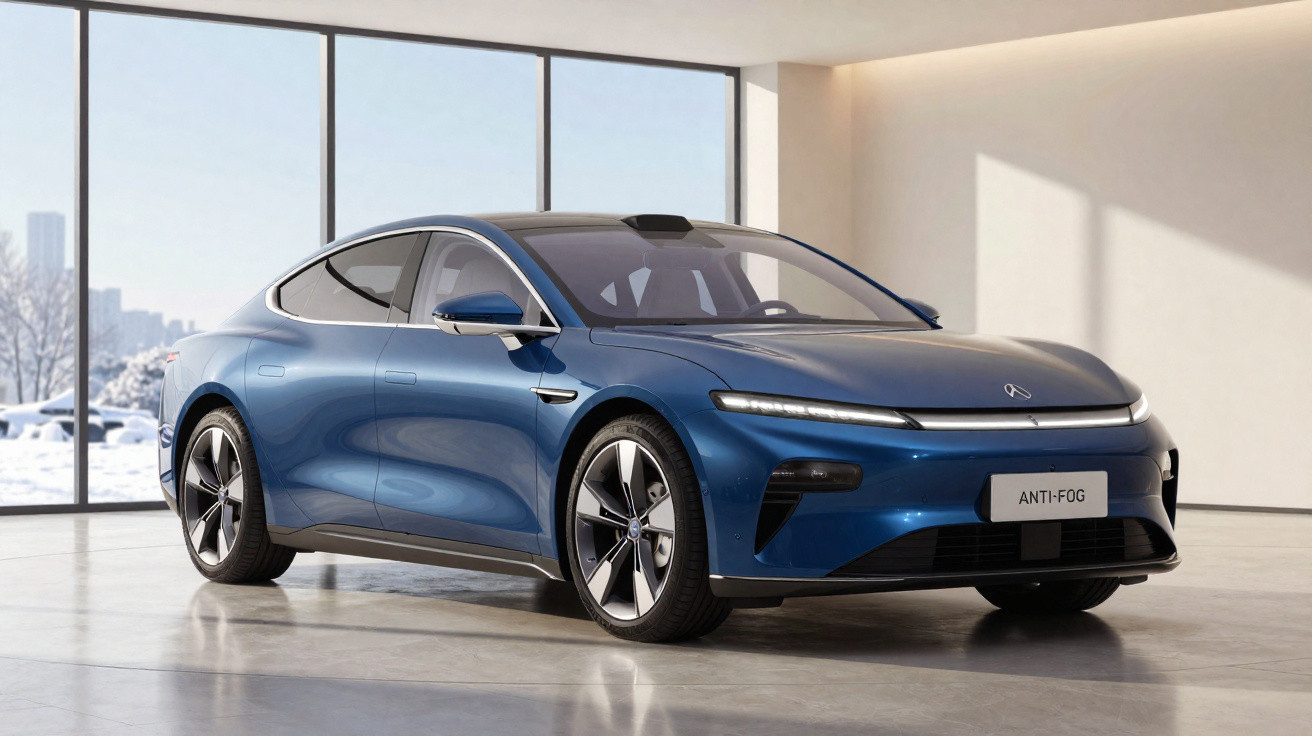 Carro elétrico azul moderno estacionado numa sala branca com luz natural e janelas grandes.