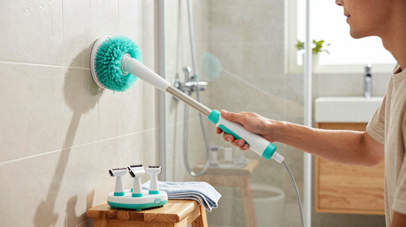 Pessoa a usar escova elétrica para limpar azulejos de casa de banho com suporte e acessórios à frente.