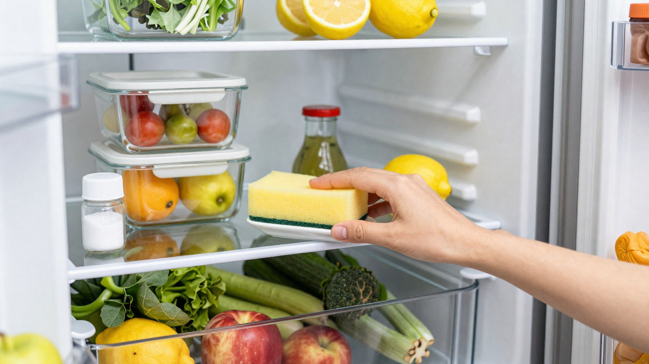 Mão a limpar o interior do frigorífico com uma esponja, rodeada de frutas e legumes frescos.