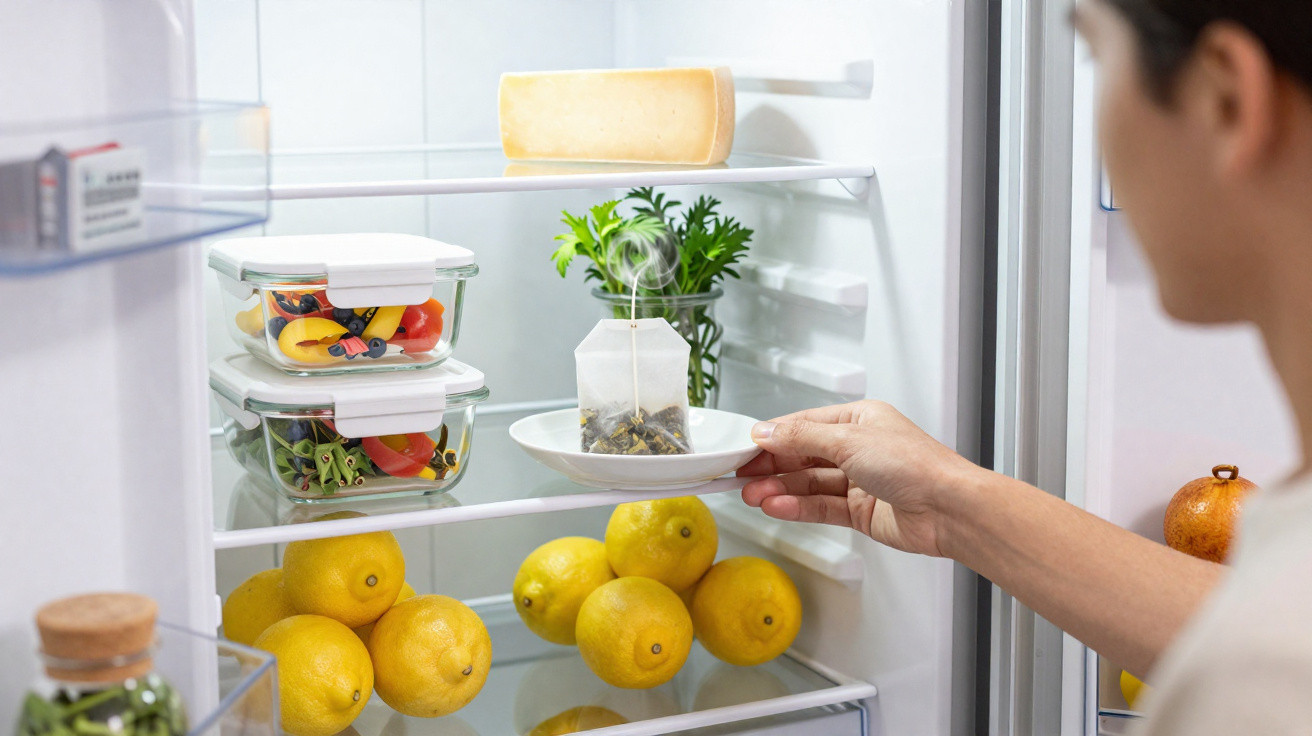 Pessoa a colocar saco de chá dentro de frigorífico com frutas e queijo guardados nas prateleiras.
