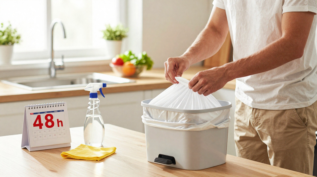 Pessoa a colocar saco de lixo num contentor de cozinha com calendário a indicar 48 horas e utensílios de limpeza.