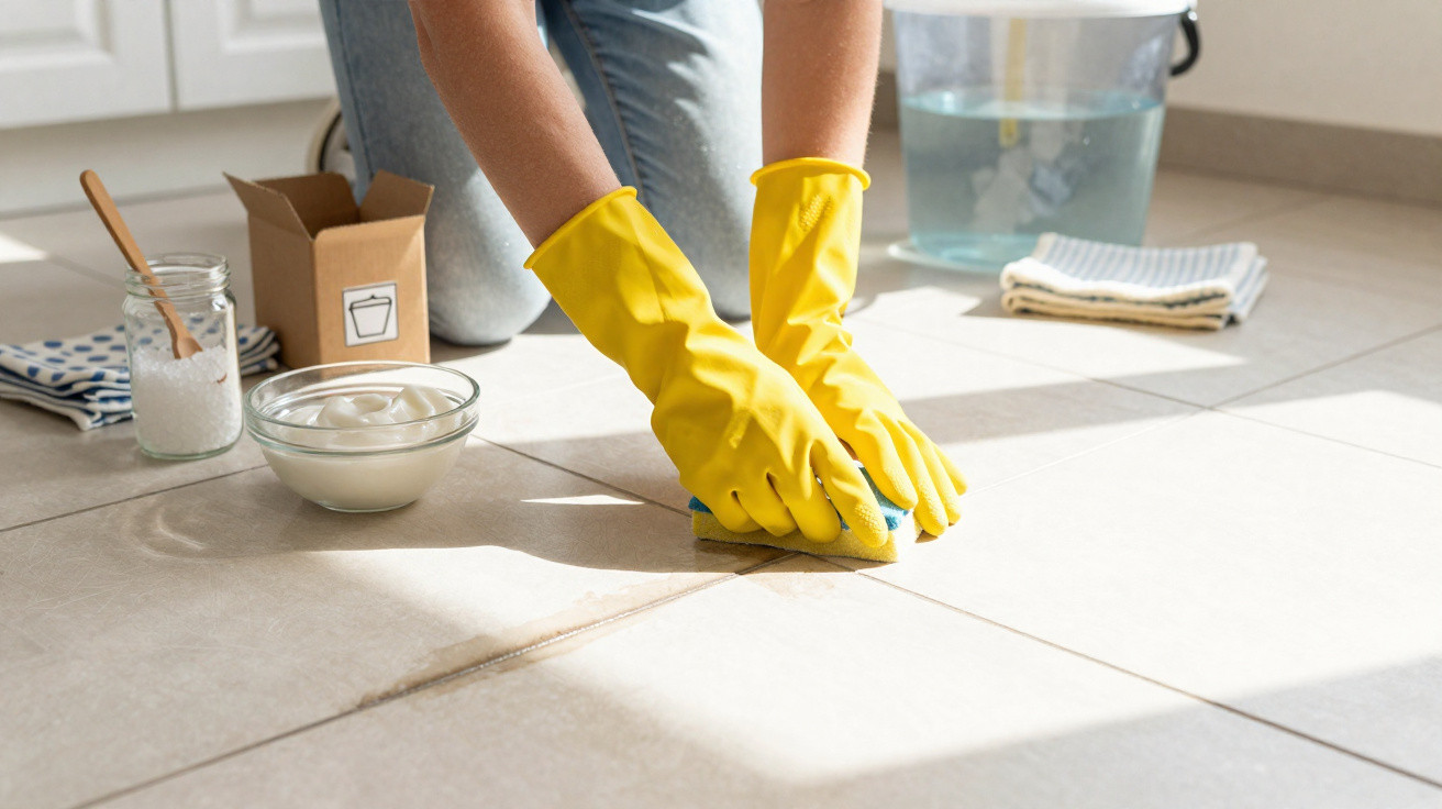 Pessoa com luvas amarelas a limpar chão de azulejo com esponja e produtos de limpeza ao lado.