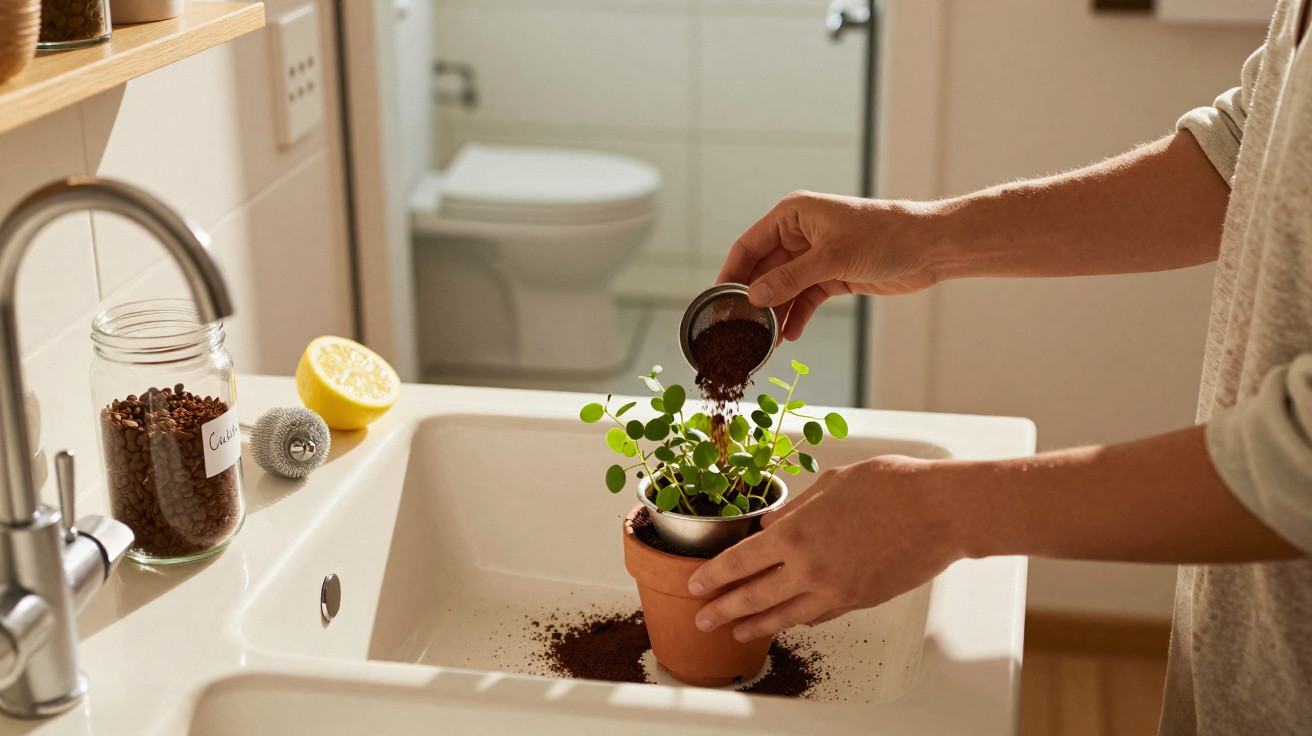 Pessoa a usar borra de café para adubar planta numa pequena floreira sobre uma pia branca.